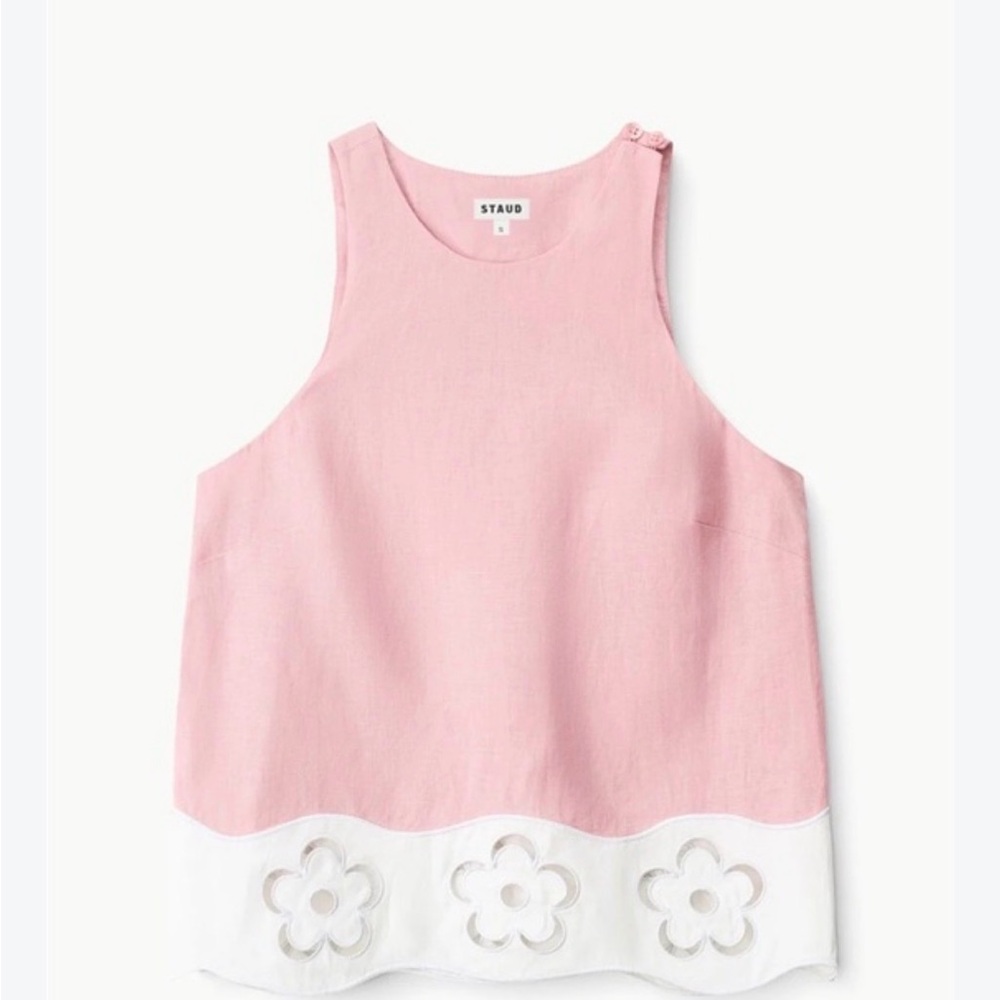 STAUD Mika Floral Lace-Trimmed Linen Sleeveless Top